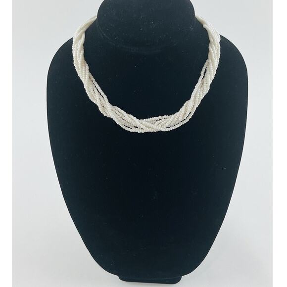 Vintage Trifari White Milk Glass Seed Bead Multi Strand Necklace Choker Statemen - Picture 1 of 12